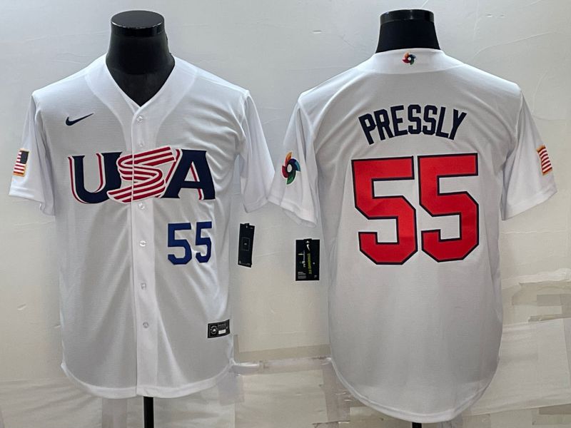 Men 2023 World Cub USA #55 Pressly White Nike MLB Jersey1->more jerseys->MLB Jersey